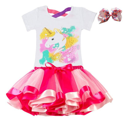 Girls Summer Unicorn Printed Clothing Set with Tutu Dress
