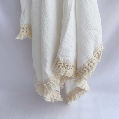 Cotton Muslin Baby Swaddle Blanket with Tassels