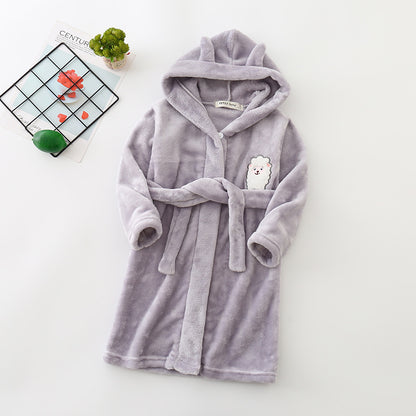Cartoon Animals Flannel Hooded Bathrobe for Kids