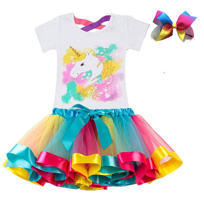 Girls Summer Unicorn Printed Clothing Set with Tutu Dress