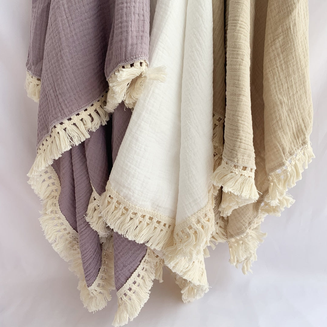 Cotton Muslin Baby Swaddle Blanket with Tassels