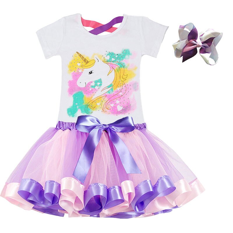 Girls Summer Unicorn Printed Clothing Set with Tutu Dress