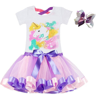 Girls Summer Unicorn Printed Clothing Set with Tutu Dress
