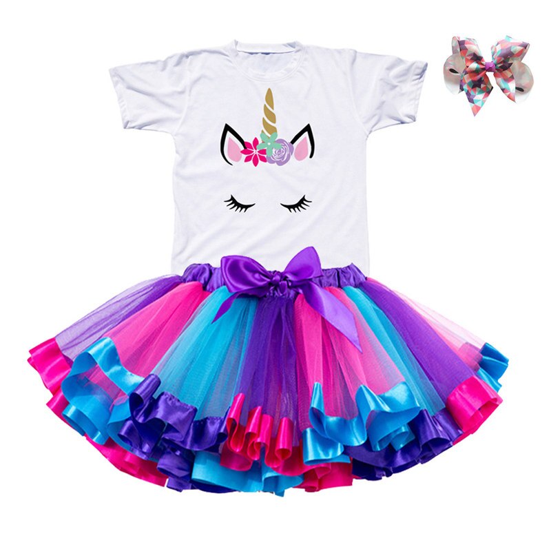 Girls Summer Unicorn Printed Clothing Set with Tutu Dress