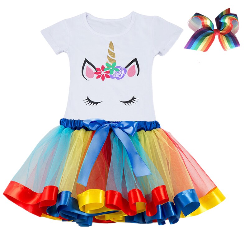Girls Summer Unicorn Printed Clothing Set with Tutu Dress