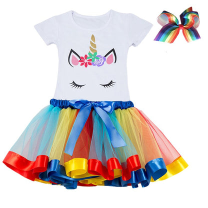 Girls Summer Unicorn Printed Clothing Set with Tutu Dress