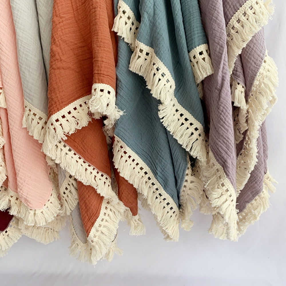 Cotton Muslin Baby Swaddle Blanket with Tassels