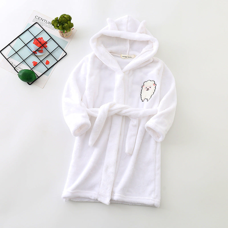 Cartoon Animals Flannel Hooded Bathrobe for Kids