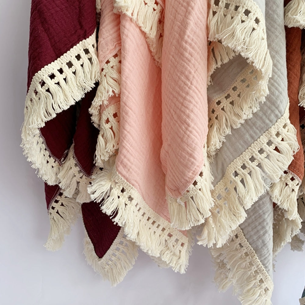 Cotton Muslin Baby Swaddle Blanket with Tassels
