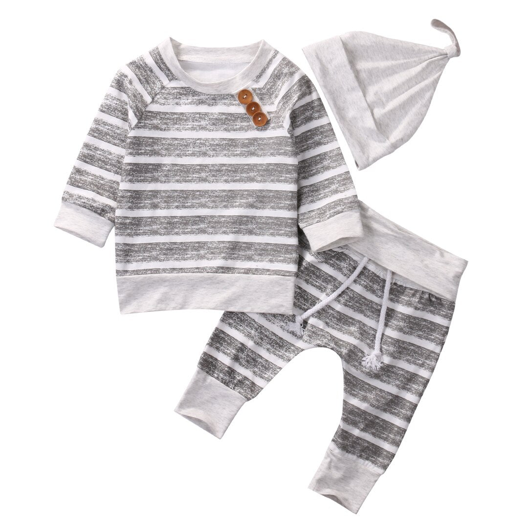 Baby Boy's Striped Sweatshirt, Pants and Beanie 3 Pcs Set