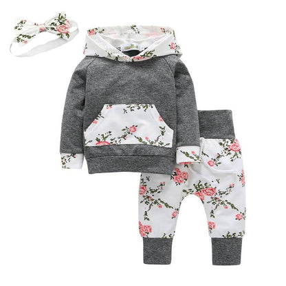 Baby Girl's Floral Hoodie and Pants Set with Headband