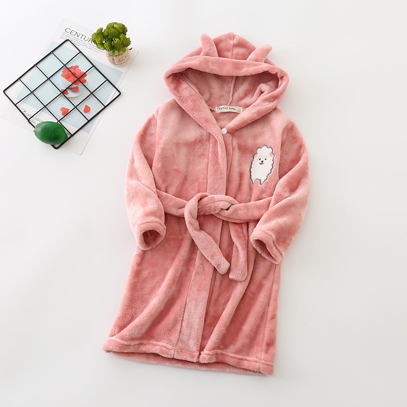 Cartoon Animals Flannel Hooded Bathrobe for Kids