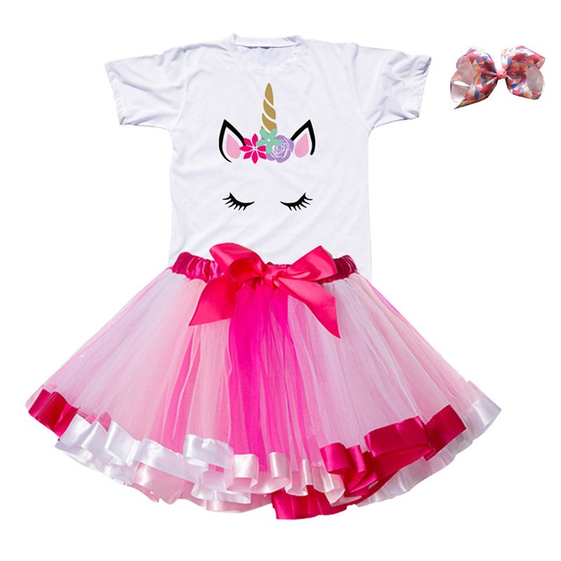 Girls Summer Unicorn Printed Clothing Set with Tutu Dress