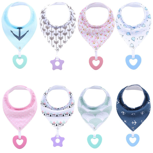 Soft Absorbent Colorful Organic Cotton Baby Bib with Teething Toy 2 pcs Set