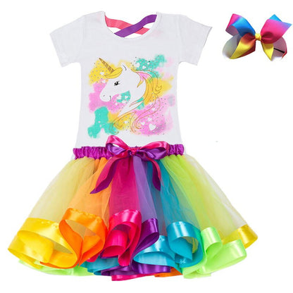 Girls Summer Unicorn Printed Clothing Set with Tutu Dress