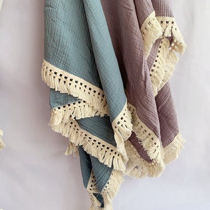 Cotton Muslin Baby Swaddle Blanket with Tassels