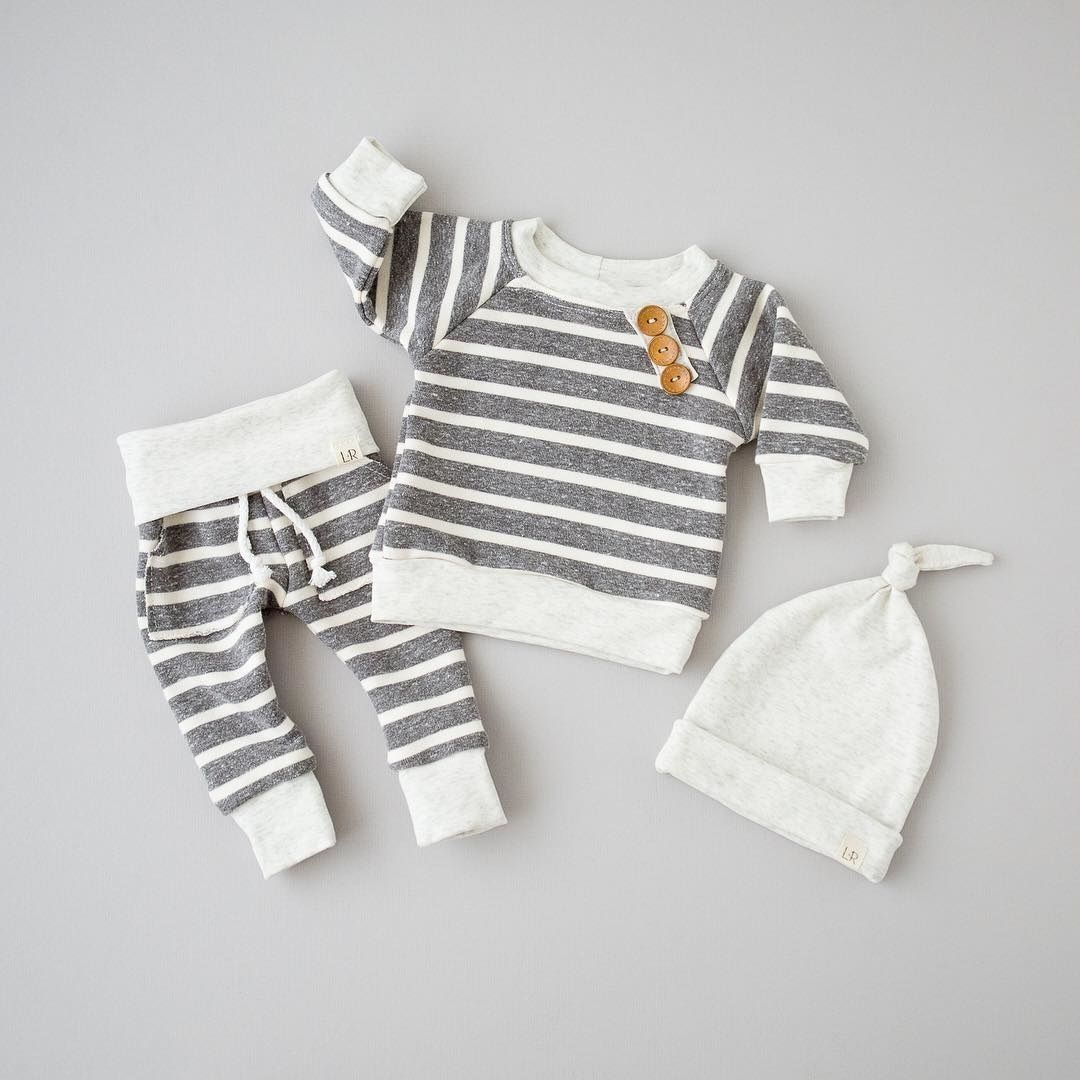 Baby Boy's Striped Sweatshirt, Pants and Beanie 3 Pcs Set