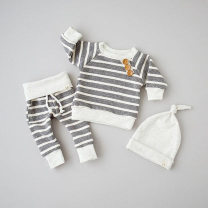 Baby Boy's Striped Sweatshirt, Pants and Beanie 3 Pcs Set