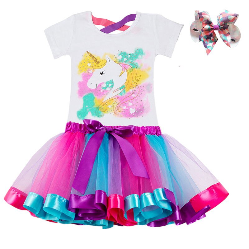 Girls Summer Unicorn Printed Clothing Set with Tutu Dress