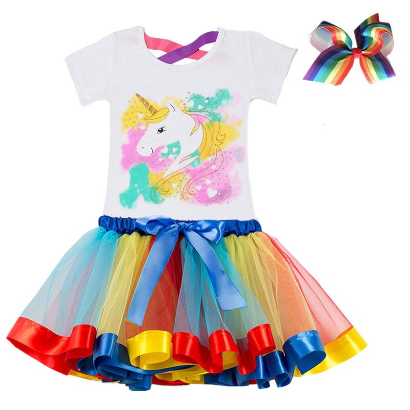 Girls Summer Unicorn Printed Clothing Set with Tutu Dress