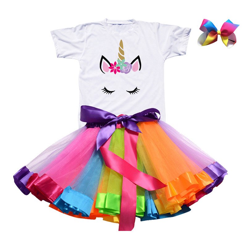 Girls Summer Unicorn Printed Clothing Set with Tutu Dress