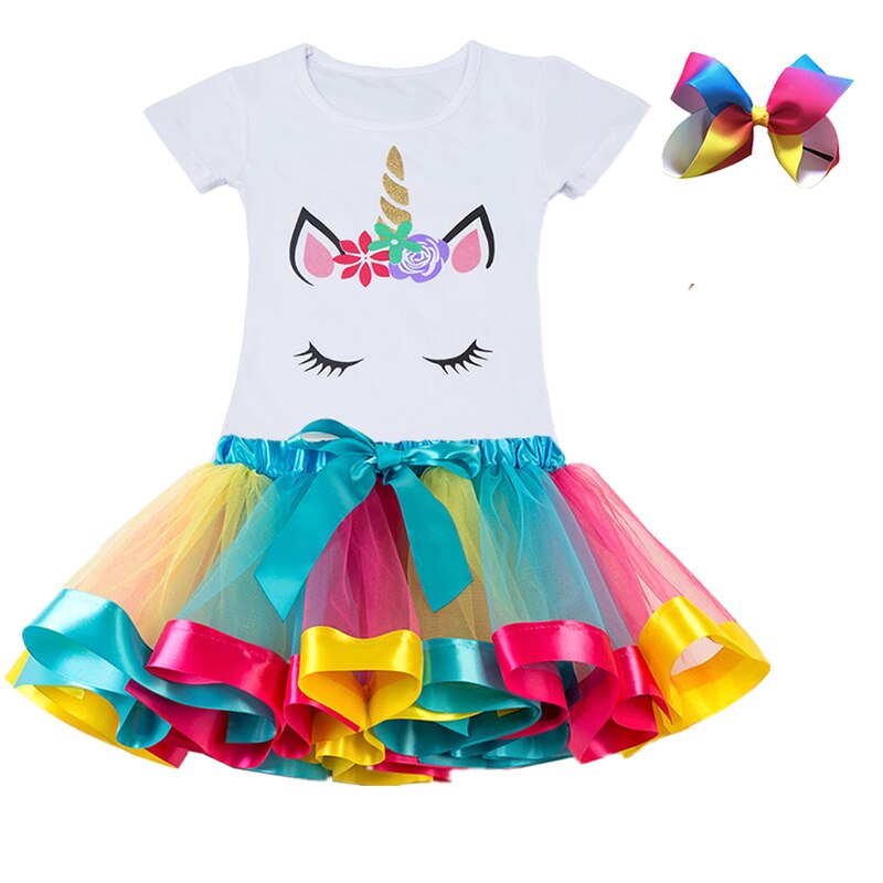 Girls Summer Unicorn Printed Clothing Set with Tutu Dress