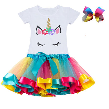 Girls Summer Unicorn Printed Clothing Set with Tutu Dress
