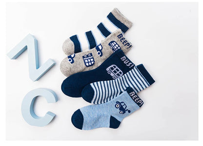 Baby Boy's Cartoon Car Print Socks 5 Pairs Set