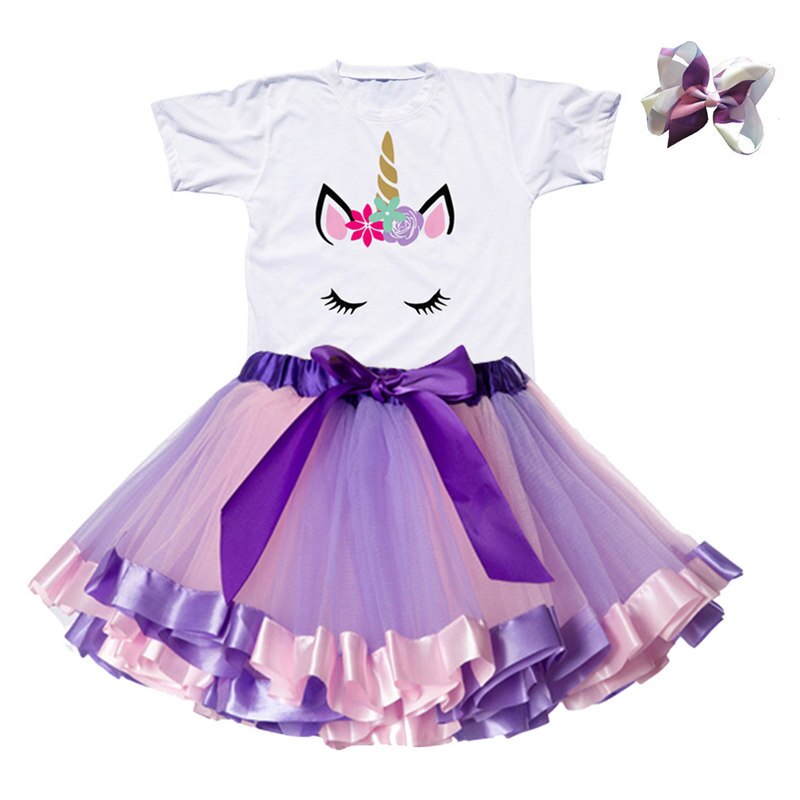 Girls Summer Unicorn Printed Clothing Set with Tutu Dress